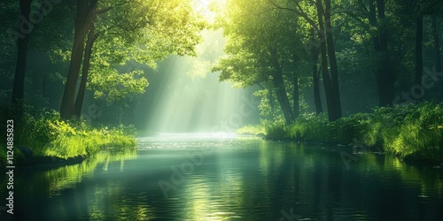 Tranquil Forest Landscape with Winding River, Sunlit Green Canopy for Nature-Themed Marketing