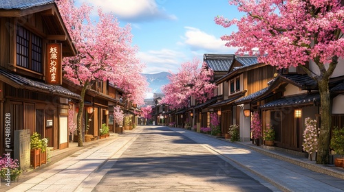 Animated image capturing a vibrant Japanese street lined with traditional wooden houses and spring blossoms. Spring Blossoms in Traditional Japanese Street