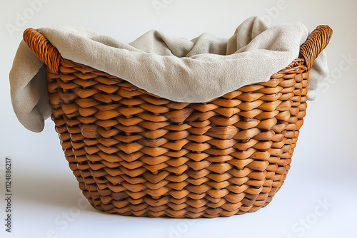 Photographie studio d'un panier à linge tressé avec doublure en tissu, design minimaliste et fonctionnel, sur fond blanc photo