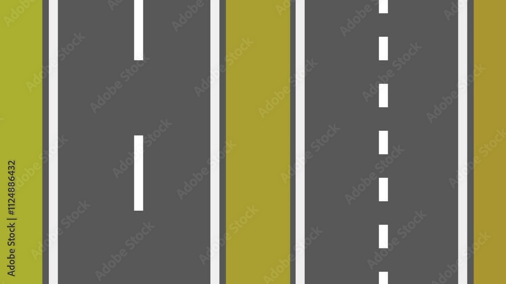 Moving road aerial top view animation. animated highway driving.