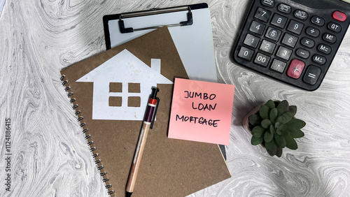 Foto Concept of Jumbo Loan Mortgage write on sticky notes isolated on Wooden Table