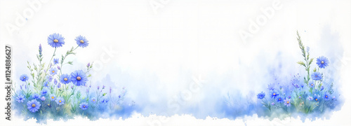 Blue wildflowers in watercolor style on a white background with a soft composition