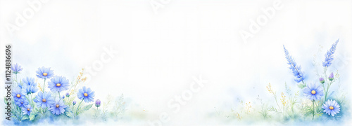 Pastel blue and green flowers in watercolor style against a soft white background