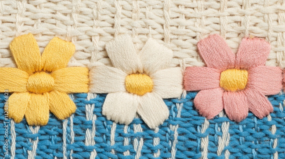 Colorful Embroidered Flowers on Woven Fabric in Soft Pastel Hues Colorful Embroidered Flowers on Woven Fabric in Soft Pastel Hues
