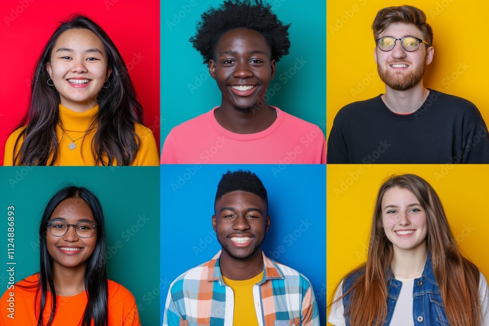 A group of people with different hair colors and styles are smiling for the camera. Concept of diversity and inclusivity, as people from different backgrounds A group of people with different hair colors and styles are smiling for the camera. Concept of diversity and inclusivity, as people from different backgrounds