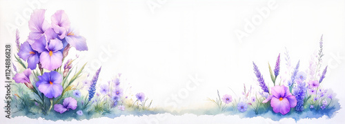 Purple and lavender flowers in watercolor style on a light white background