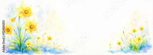 Bright yellow and blue flowers in watercolor style on a soft white background
