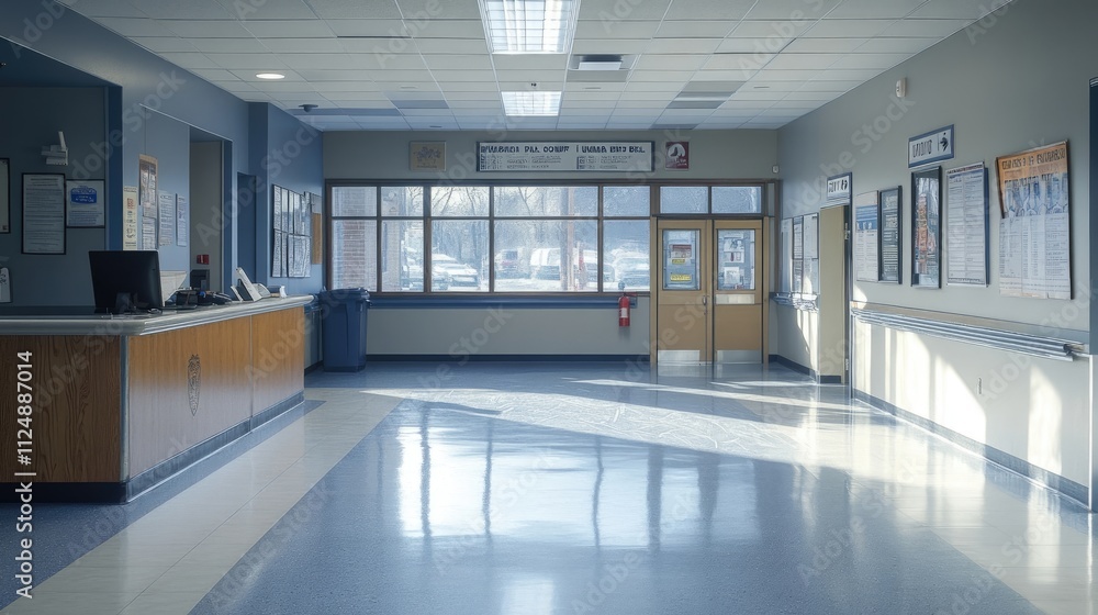 An empty police station lobby with a reception desk and motivational posters on the walls, emphasizing community support, An empty police station lobby with a reception desk and motivational posters on the walls, emphasizing community support,
