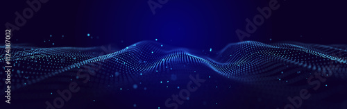 Futuristic background of moving, glowing particles on a black background. Large amount of data. 3D rendering.