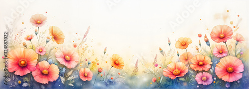 Colorful poppies and wildflowers in watercolor style on a white background