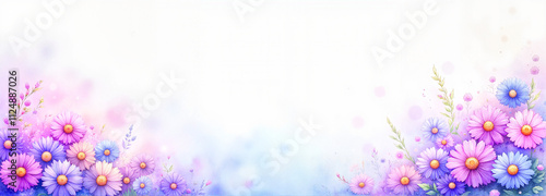 Purple and pink meadow flowers in watercolor style on a misty white background