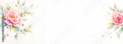 Elegant pink rose with green leaves in watercolor style on a white background