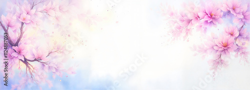 Cherry blossom branches in watercolor style on a misty white background