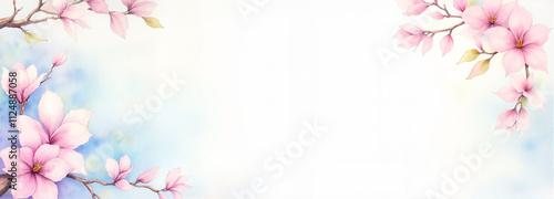 Cherry blossoms in watercolor style on a pastel white and blue background