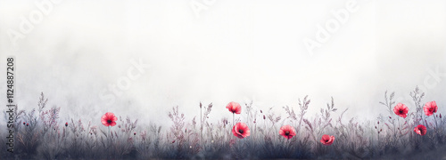 Misty meadow with red poppies and soft white background