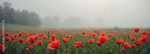 Field of red poppies in misty morning light against a soft natural background