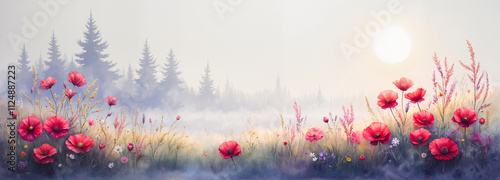 Red poppies in a forest clearing with morning mist and sunlight