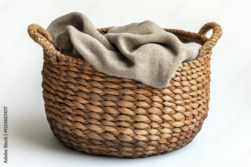 Obraz premium Photographie studio d'un panier à linge tressé avec doublure en tissu, design minimaliste et fonctionnel, sur fond blanc