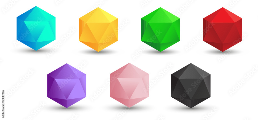 Set of vector icosahedrons with a gradient for game, icon, packagingdesign, logo, mobile, ui, web. Platonic solid. Minimalist style. Set of vector icosahedrons with a gradient for game, icon, packagingdesign, logo, mobile, ui, web. Platonic solid. Minimalist style.