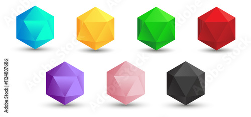 Set of vector icosahedrons with a gradient for game, icon, packagingdesign, logo, mobile, ui, web. Platonic solid. Minimalist style.