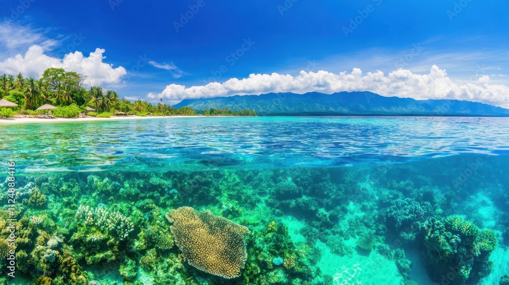 Vibrant Coral Reef and Tranquil Blue Ocean Under Bright Sky Vibrant Coral Reef and Tranquil Blue Ocean Under Bright Sky