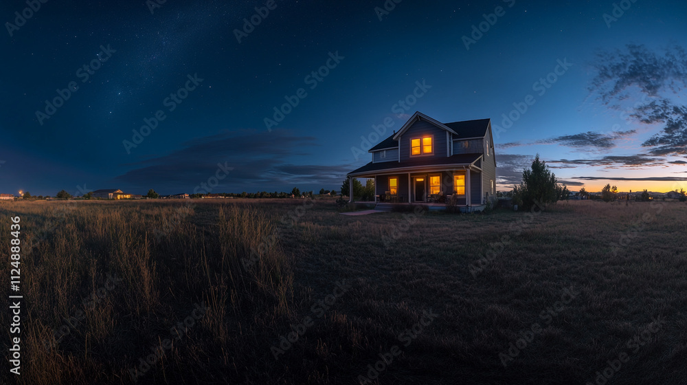 Cozy farmhouse illuminated at dusk in a tranquil countryside setting with blue sky Cozy farmhouse illuminated at dusk in a tranquil countryside setting with blue sky
