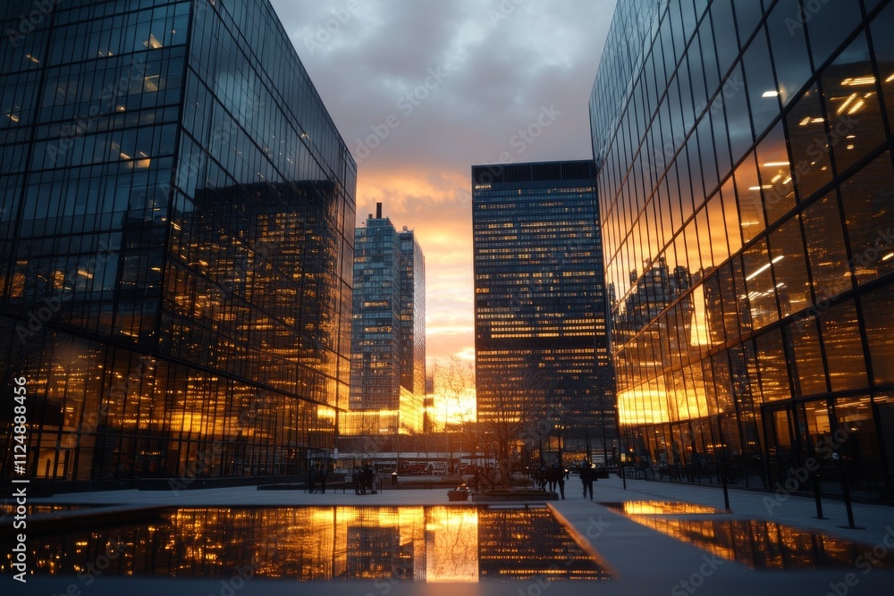 Fototapeta premium Sunset reflections in modern cityscape with glass buildings and vibrant sky colors