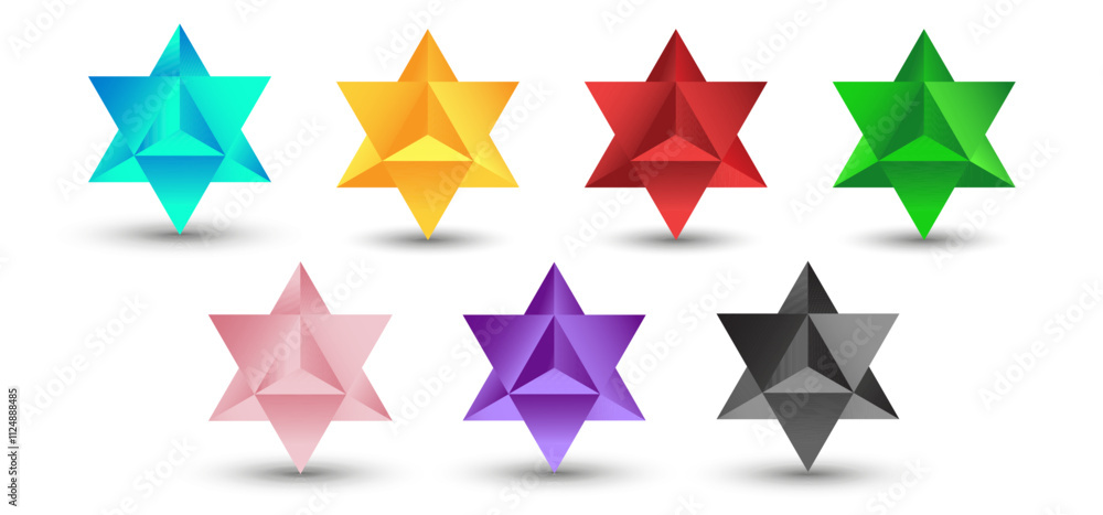 Set of vector stellated octahedrons, also called Stella octangula, and Polyhedra Hexagon, geometric polyhedral compounds on a white background with a gradient for game, icon, logo, mobile, ui, web. Set of vector stellated octahedrons, also called Stella octangula, and Polyhedra Hexagon, geometric polyhedral compounds on a white background with a gradient for game, icon, logo, mobile, ui, web.