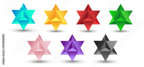 Set of vector stellated octahedrons, also called Stella octangula, and Polyhedra Hexagon, geometric polyhedral compounds on a white background with a gradient for game, icon, logo, mobile, ui, web.