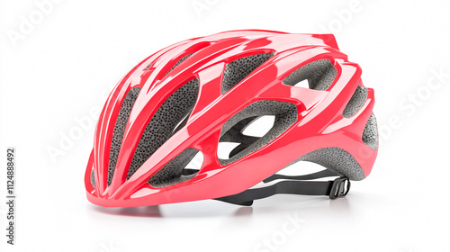 Red modern bike helmet with adjustable straps on isolated background photo