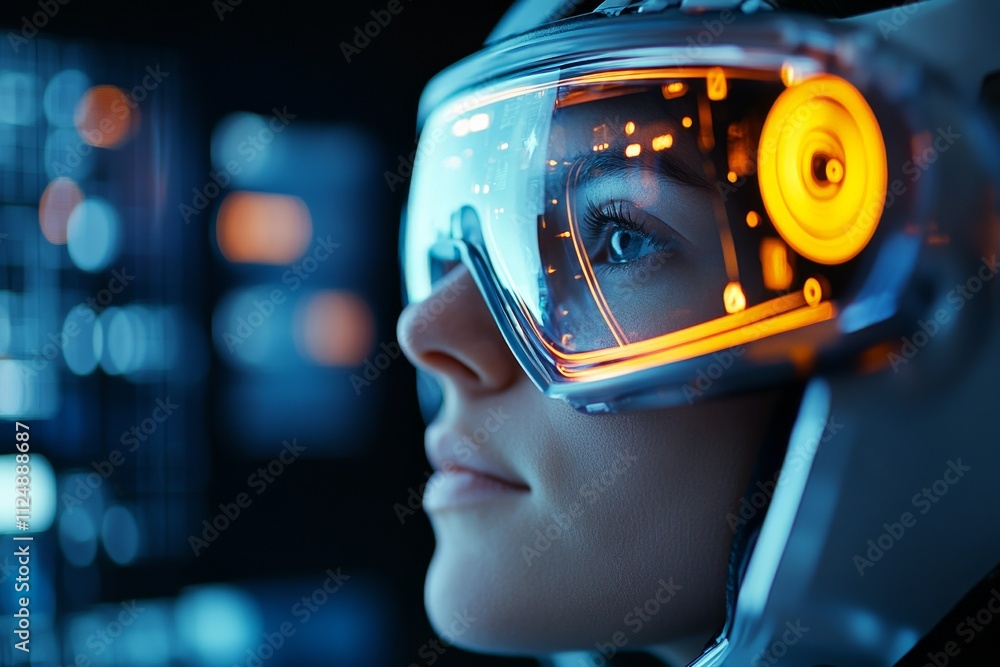 Tech enthusiast wearing advanced augmented reality goggles in a futuristic environment Tech enthusiast wearing advanced augmented reality goggles in a futuristic environment