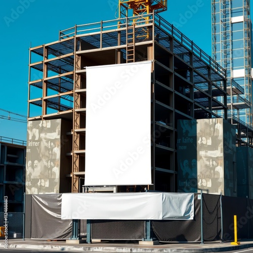 Blank white banner for advertisement mounted on the hoardin of construction site banner mockup advertising blank business display template photo