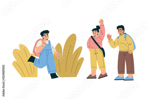Boy and Girl Schoolkids Character Meeting with Friend Vector Illustration