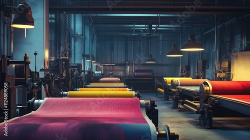 Large printing press in action, colorful sheets feeding through rollers, a flurry of mechanical precision under industrial lamps