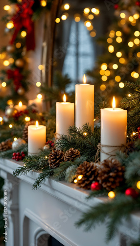 Cozy fireplace decorated with candles and pine branches creates a warm and inviting atmosphere during the holiday season