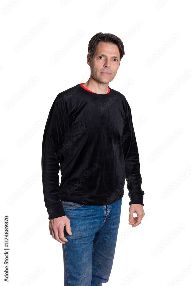 Middle-aged man in casual clothes on white background, looking at the camera. Middle-aged man in casual clothes on white background, looking at the camera.