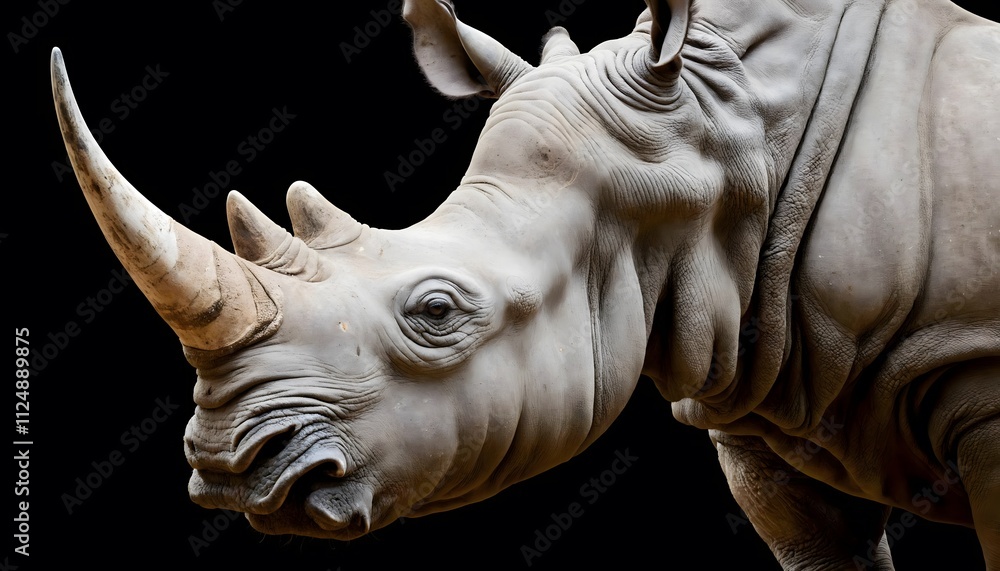 A striking close-up portrait of a rhinoceros showcasing its textured skin, prominent horn, and powerful features against a dramatic black background. perfect for wildlife-focused projects, conservati A striking close-up portrait of a rhinoceros showcasing its textured skin, prominent horn, and powerful features against a dramatic black background. perfect for wildlife-focused projects, conservati