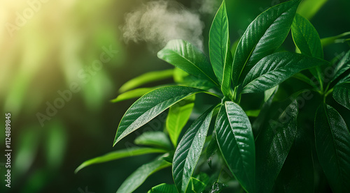 Wallpaper Mural Lush green leaves glisten in soft sunlight, with gentle steam rising, creating a serene and vibrant natural atmosphere. Torontodigital.ca