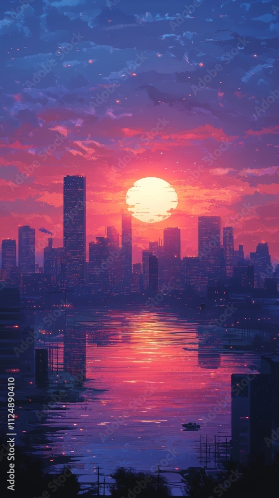 Fototapeta premium Modern City Skyline at Sunset in Vector Illustration