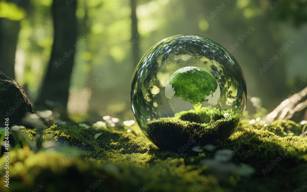 A surreal glass globe with a green Earth inside, gently resting on lush, mossy ground. A surreal glass globe with a green Earth inside, gently resting on lush, mossy ground.