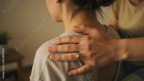 A comforting hand rests gently on a shoulder, offering solace and support. A moment of quiet care and understanding.