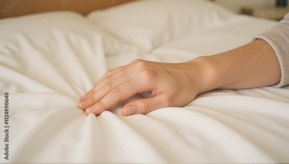 Gentle touch, soft sheets. A moment of peaceful rest, embracing comfort and serenity. A hand caresses smooth, white bedding. Gentle touch, soft sheets. A moment of peaceful rest, embracing comfort and serenity. A hand caresses smooth, white bedding.