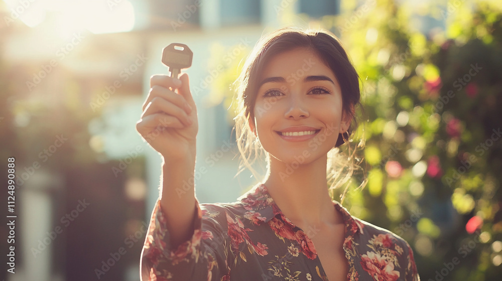 Woman joyfully holding a house key while standing in a garden during sunset Woman joyfully holding a house key while standing in a garden during sunset
