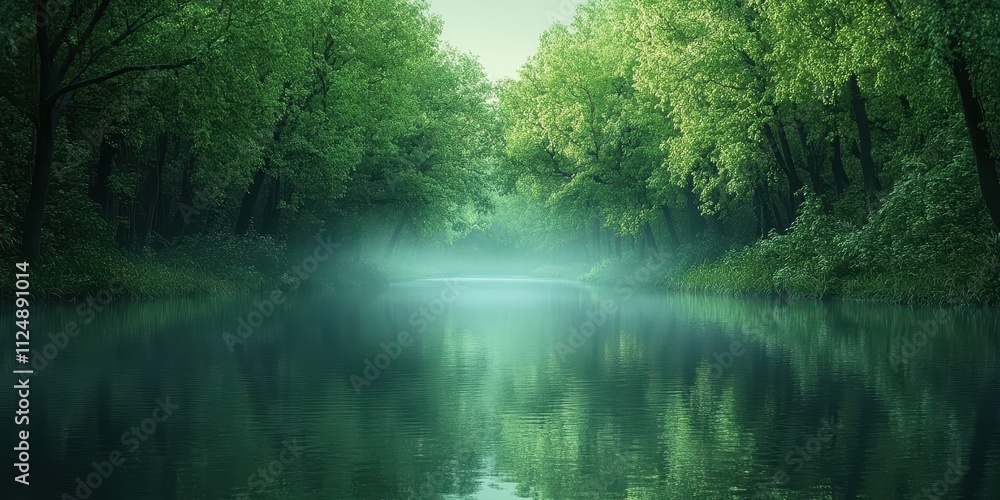 Serene Riverbank, Soft Morning/Evening Light, Overcast Sky, Green Foliage Serene Riverbank, Soft Morning/Evening Light, Overcast Sky, Green Foliage