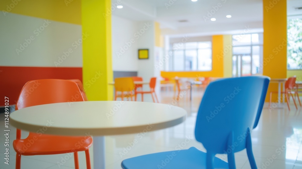 Fototapeta premium Bright and Colorful Cafe Interior with Modern Furniture and Empty Tables