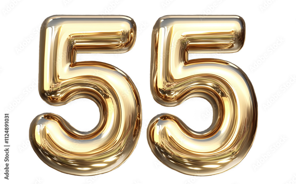 3D golden number 55 with a shiny, reflective metallic surface, isolated on a transparent background
