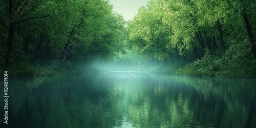 Serene Riverbank, Soft Morning/Evening Light, Overcast Sky, Green Foliage