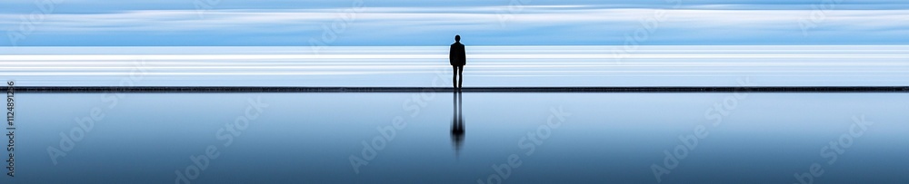 © Guy - Solitary Figure Contemplating Calm Ocean Horizon Minimalist Seascape © Guy - Solitary Figure Contemplating Calm Ocean Horizon Minimalist Seascape
