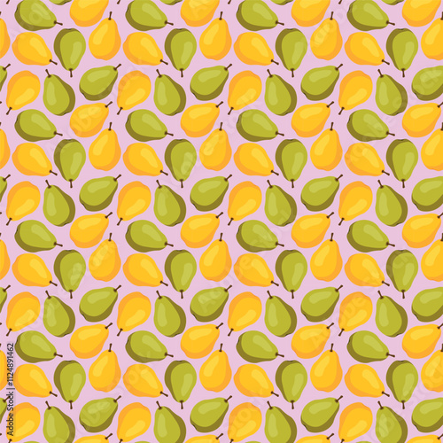 Seamless pattern with yellow and green pears on pink background. Fruit background. Wrapping paper, gift card, poster, banner design. Home decor, modern textile print. Summer bright geometric fruits pa