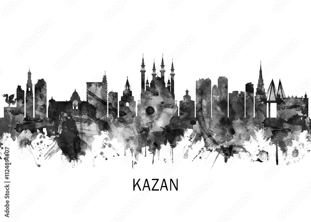 Kazan Russia Skyline BW, cityscape landscape watercolor painting print abstract splash illustration art modern urban poster artwork landmarks skyscrapers Kazan Russia Skyline BW, cityscape landscape watercolor painting print abstract splash illustration art modern urban poster artwork landmarks skyscrapers